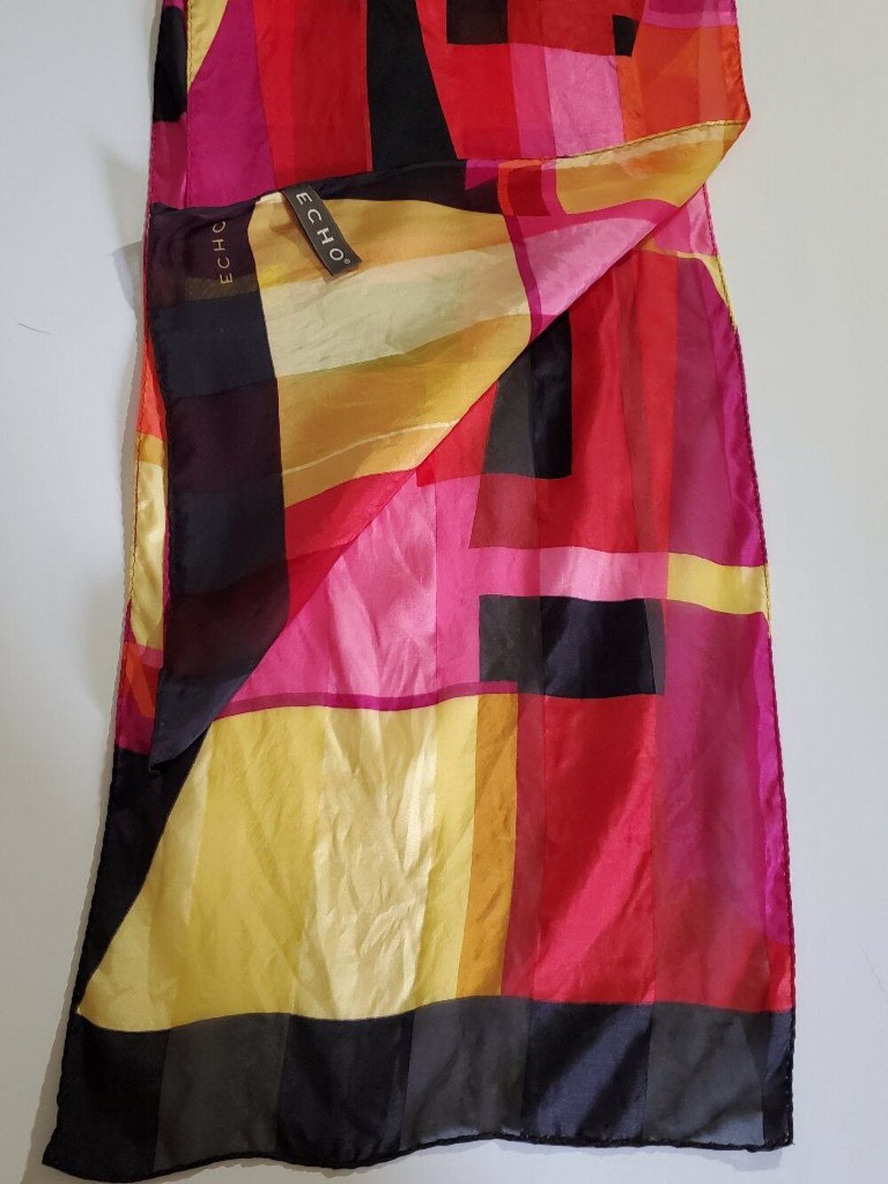 Vtg ECHO Silk Scarf Colorblock Abstract Geometric Red Pink Yellow Black 60x10.5